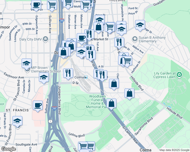 map of restaurants, bars, coffee shops, grocery stores, and more near 7800 El Camino Real in Colma
