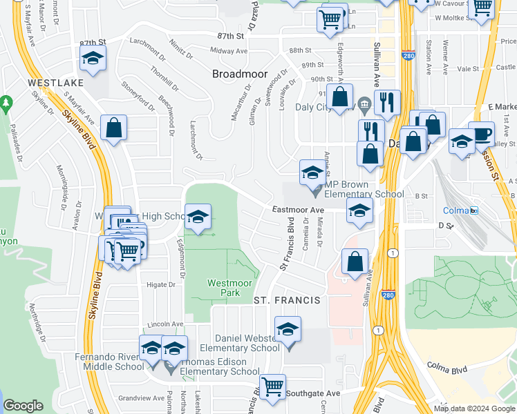 map of restaurants, bars, coffee shops, grocery stores, and more near in Daly City