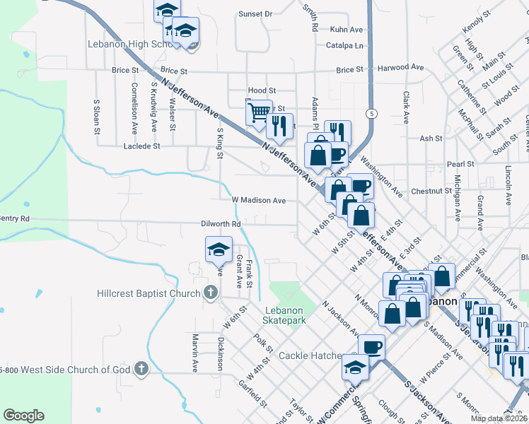 map of restaurants, bars, coffee shops, grocery stores, and more near 575 Dilworth Road in Lebanon
