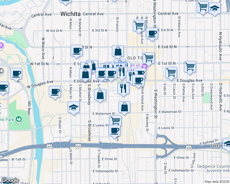 map of restaurants, bars, coffee shops, grocery stores, and more near 201 East William Street in Wichita