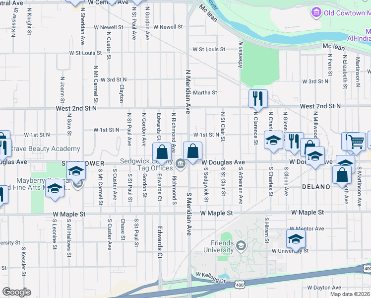map of restaurants, bars, coffee shops, grocery stores, and more near 118 North Meridian Avenue in Wichita