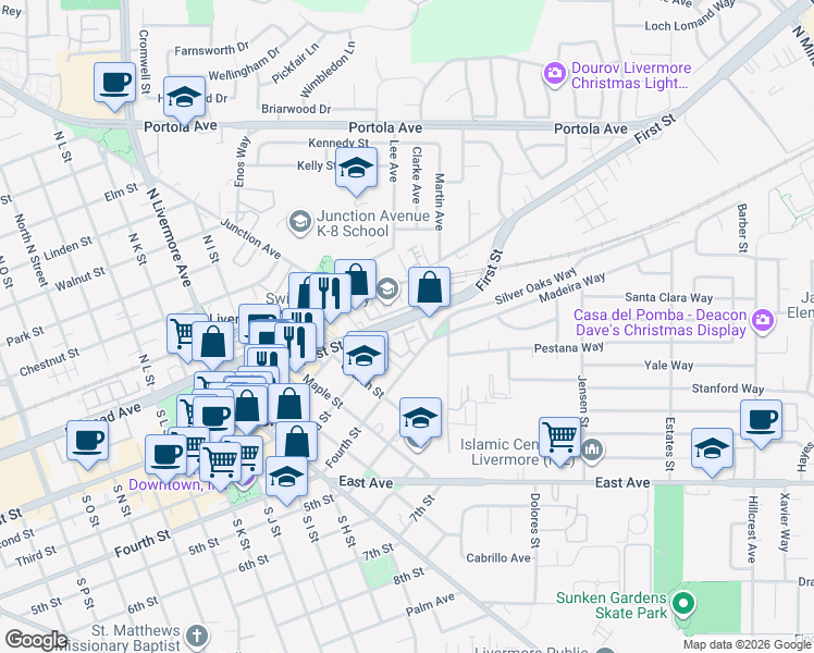 map of restaurants, bars, coffee shops, grocery stores, and more near in Livermore