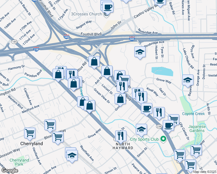 map of restaurants, bars, coffee shops, grocery stores, and more near 1320 Apple Avenue in Hayward