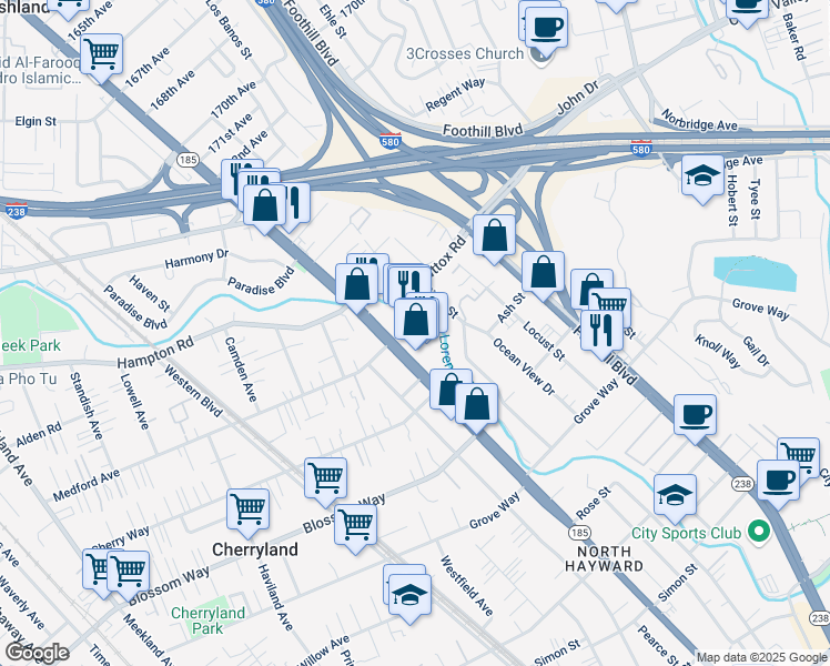 map of restaurants, bars, coffee shops, grocery stores, and more near 20856 Mission Boulevard in Hayward