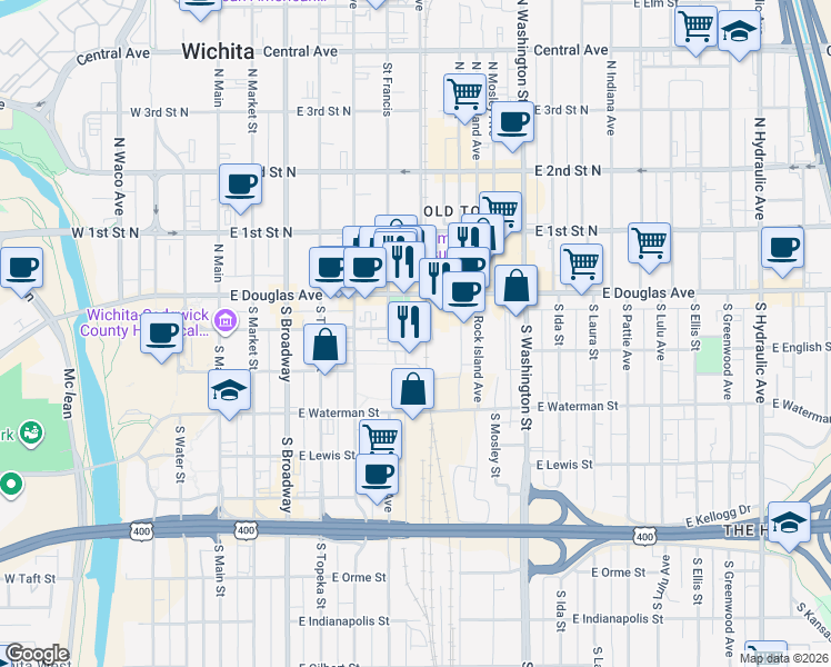 map of restaurants, bars, coffee shops, grocery stores, and more near 214 South Commerce in Wichita