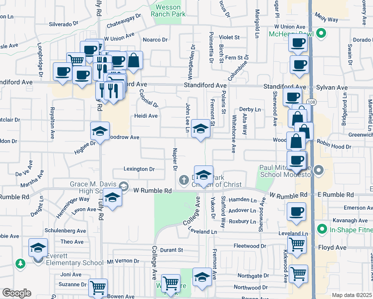 map of restaurants, bars, coffee shops, grocery stores, and more near 800 Woodrow Avenue in Modesto