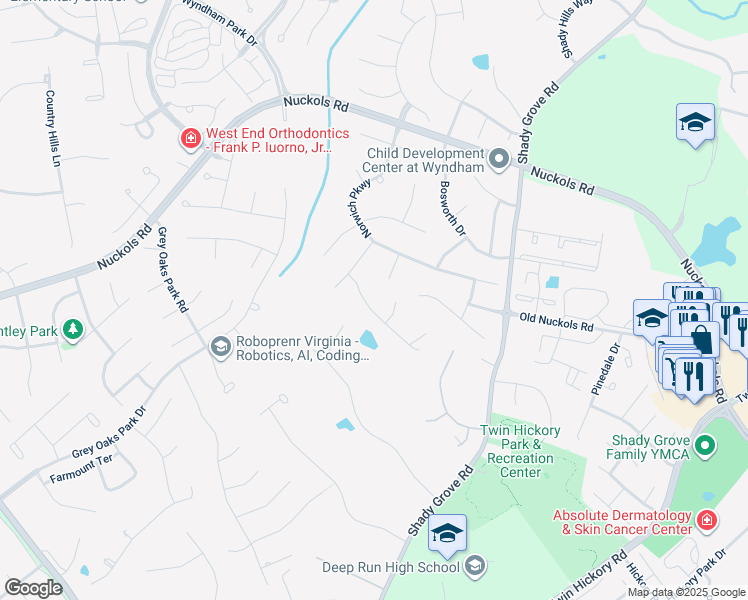 map of restaurants, bars, coffee shops, grocery stores, and more near 11615 Peavey Street in Glen Allen