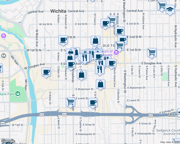 map of restaurants, bars, coffee shops, grocery stores, and more near 200 South Emporia Street in Wichita