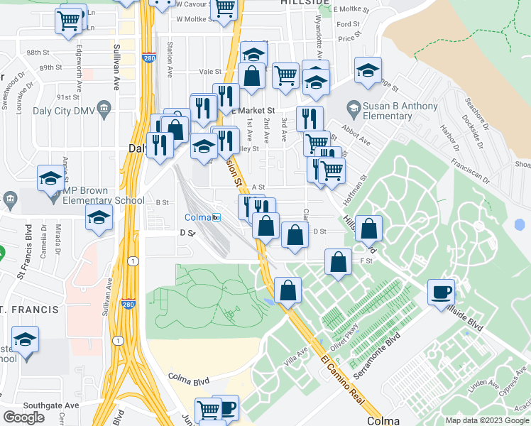 map of restaurants, bars, coffee shops, grocery stores, and more near 415 C Street in Colma