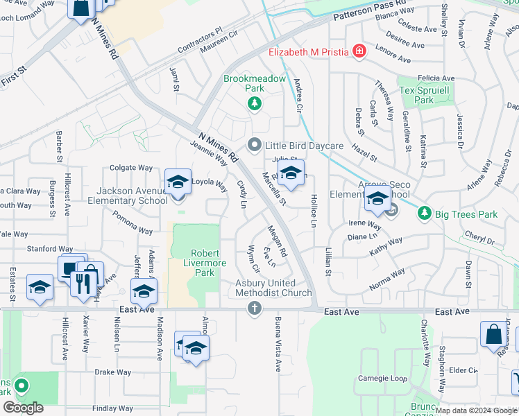 map of restaurants, bars, coffee shops, grocery stores, and more near 725 Dana Circle in Livermore
