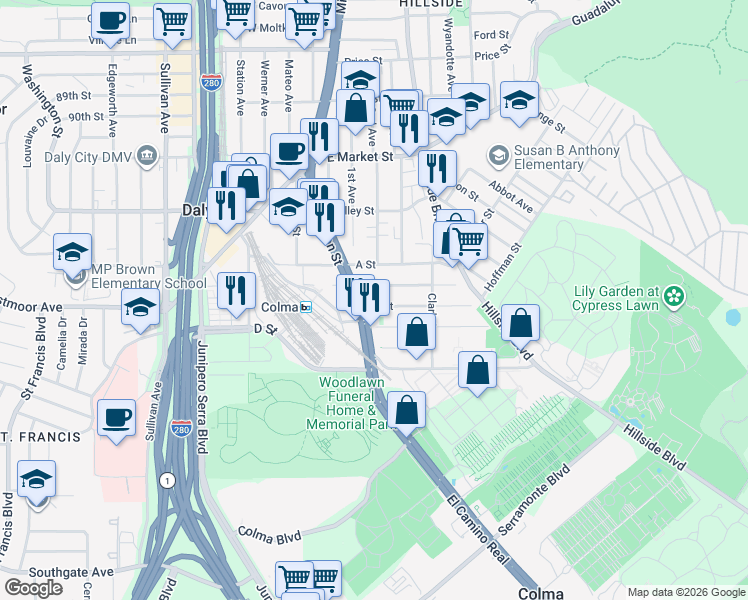 map of restaurants, bars, coffee shops, grocery stores, and more near 415 C Street in Colma
