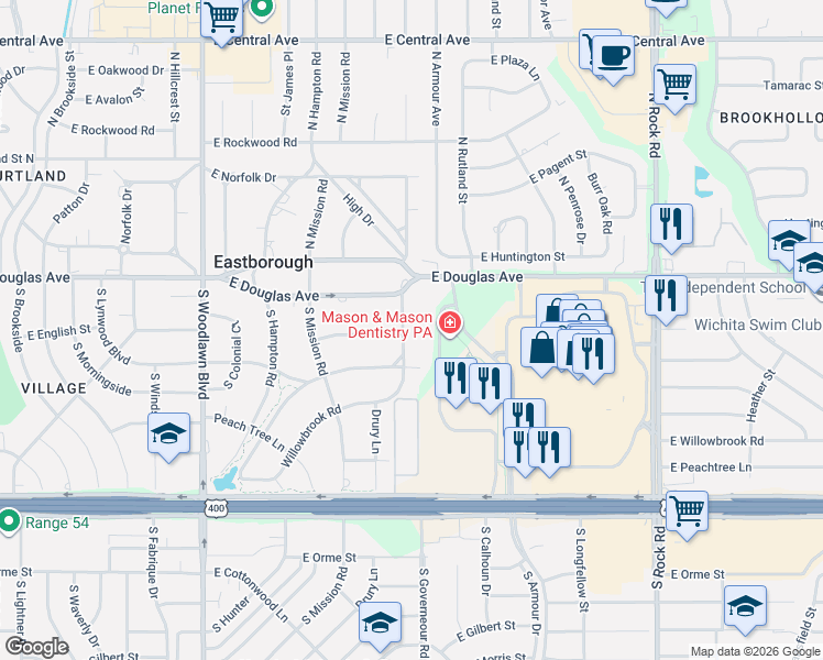 map of restaurants, bars, coffee shops, grocery stores, and more near 66 South Stratford Road in Eastborough