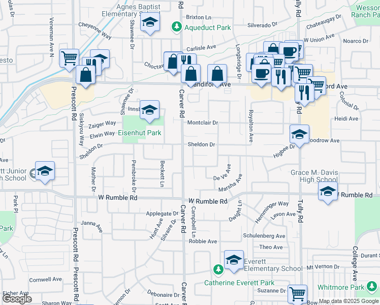 map of restaurants, bars, coffee shops, grocery stores, and more near 3201 Lisa Drive in Modesto