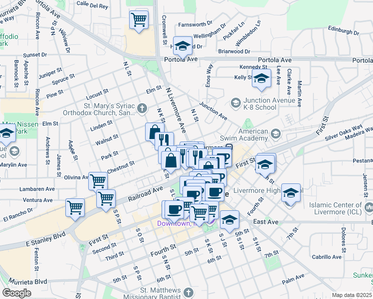 map of restaurants, bars, coffee shops, grocery stores, and more near 269 North Livermore Avenue in Livermore