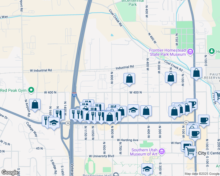 map of restaurants, bars, coffee shops, grocery stores, and more near 844 West 400 North in Cedar City