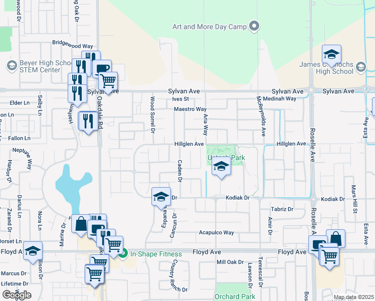 map of restaurants, bars, coffee shops, grocery stores, and more near 3209 Caden Drive in Modesto