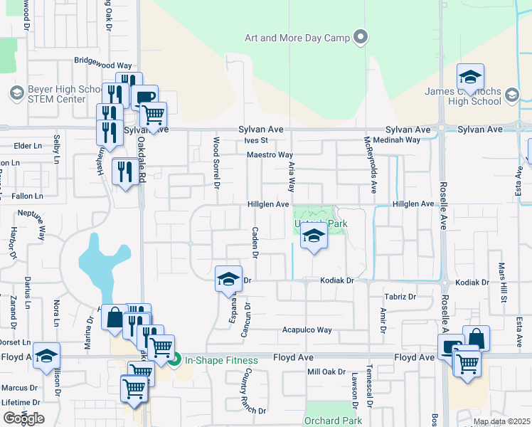 map of restaurants, bars, coffee shops, grocery stores, and more near 3209 Caden Drive in Modesto