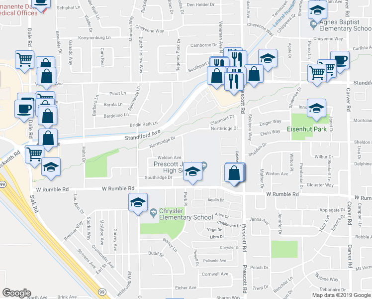 map of restaurants, bars, coffee shops, grocery stores, and more near 3100 Maplenut Avenue in Modesto