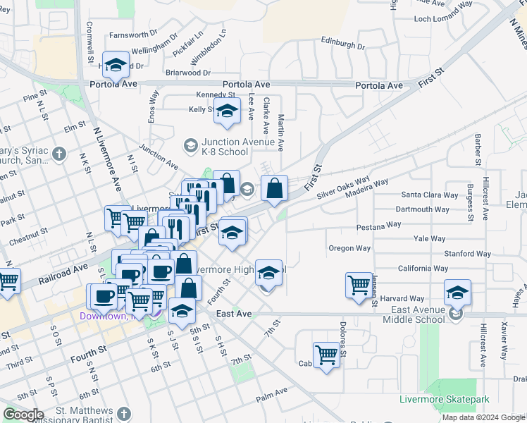 map of restaurants, bars, coffee shops, grocery stores, and more near in Livermore