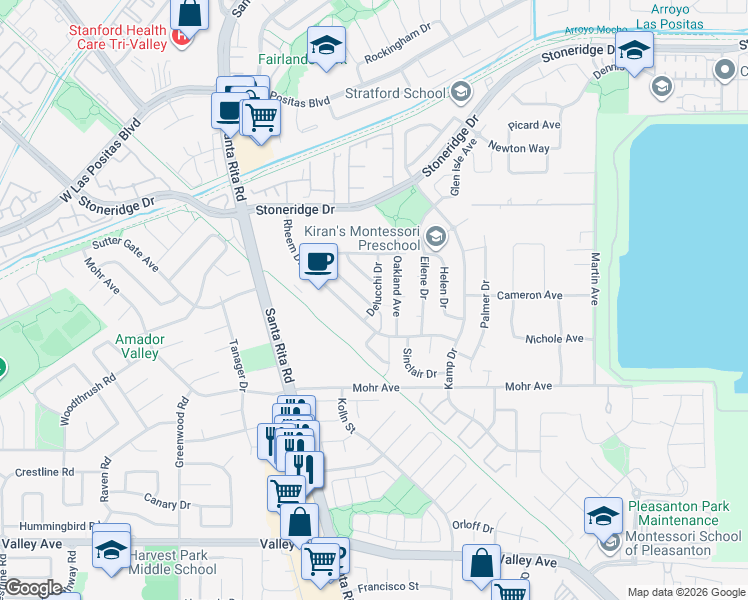 map of restaurants, bars, coffee shops, grocery stores, and more near 2129 Delucchi Drive in Pleasanton