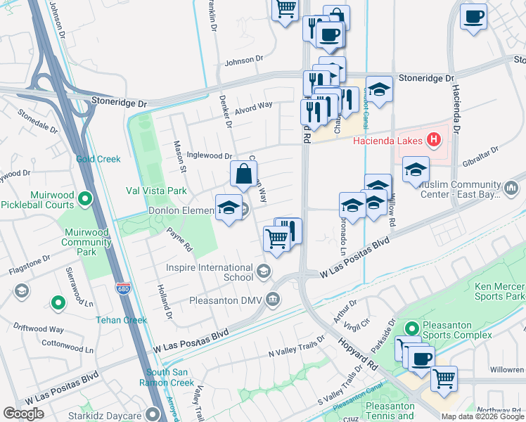 map of restaurants, bars, coffee shops, grocery stores, and more near 4127 Dorman Road in Pleasanton
