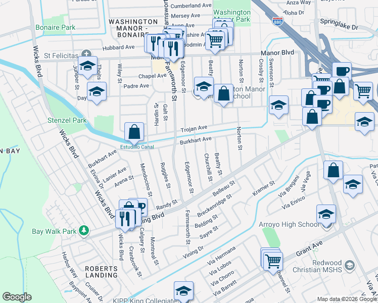 map of restaurants, bars, coffee shops, grocery stores, and more near 15327 Dewey Street in San Leandro