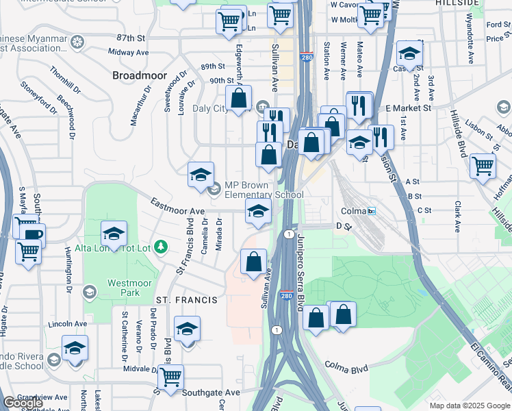 map of restaurants, bars, coffee shops, grocery stores, and more near in Daly City