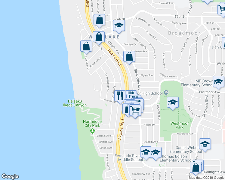 map of restaurants, bars, coffee shops, grocery stores, and more near 165 Morningside Drive in Daly City