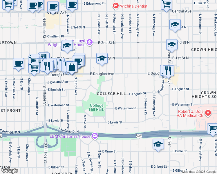 map of restaurants, bars, coffee shops, grocery stores, and more near 4020 East English Street in Wichita