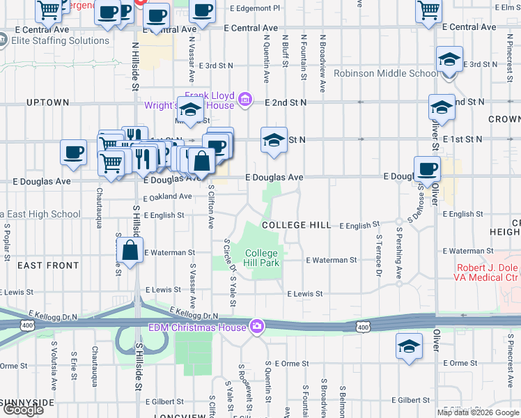 map of restaurants, bars, coffee shops, grocery stores, and more near 3817 East English Street in Wichita