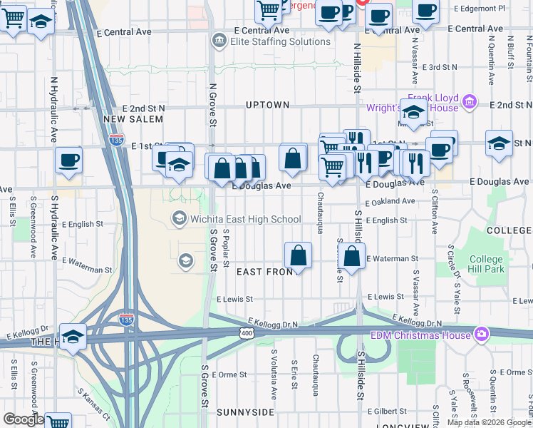 map of restaurants, bars, coffee shops, grocery stores, and more near 145 South Estelle Street in Wichita