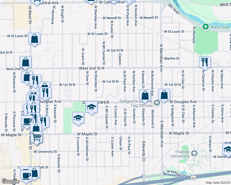 map of restaurants, bars, coffee shops, grocery stores, and more near 3000 West Douglas Avenue in Wichita
