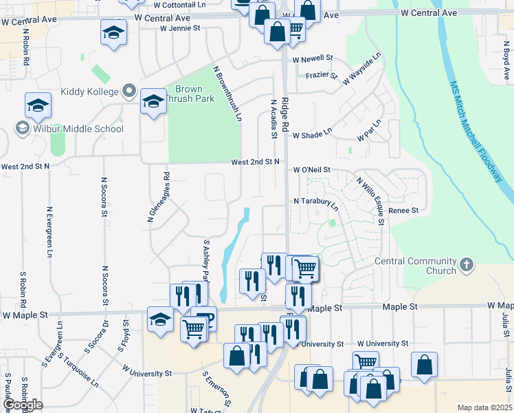 map of restaurants, bars, coffee shops, grocery stores, and more near 121 Brunswick Street in Wichita