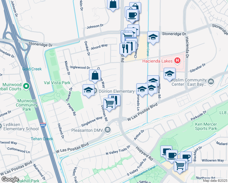 map of restaurants, bars, coffee shops, grocery stores, and more near 6225 Robin Court in Pleasanton