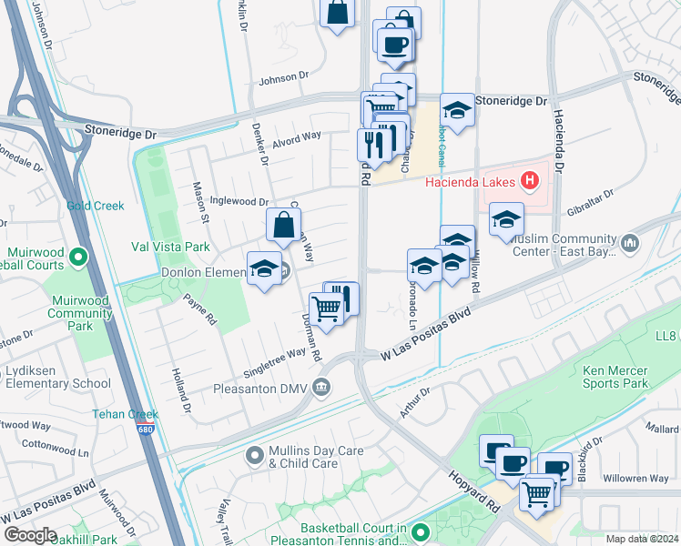 map of restaurants, bars, coffee shops, grocery stores, and more near 6225 Robin Court in Pleasanton