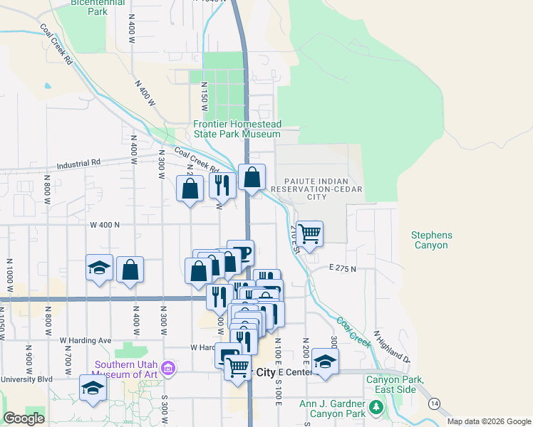 map of restaurants, bars, coffee shops, grocery stores, and more near 51 East 400 North in Cedar City