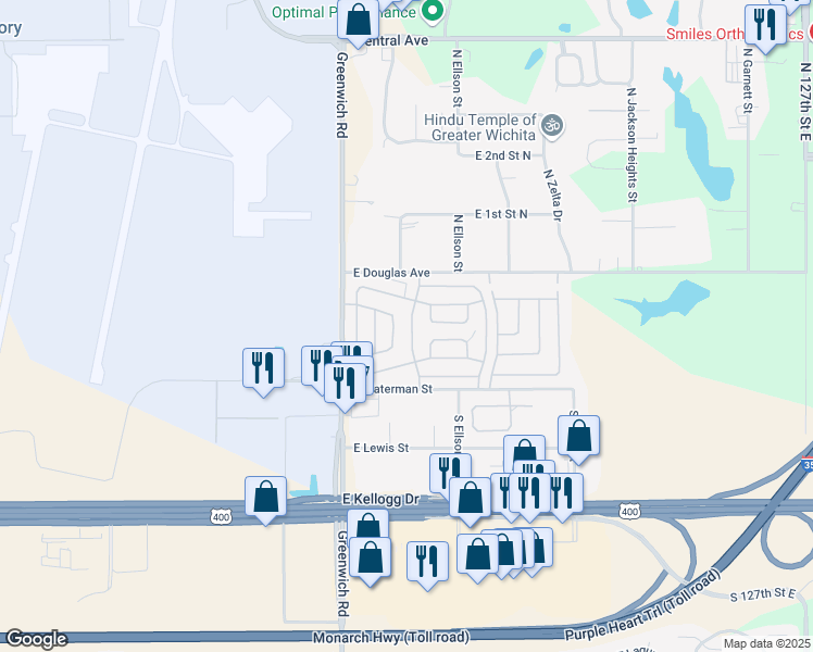 map of restaurants, bars, coffee shops, grocery stores, and more near 130 South Greenwich Road in Wichita