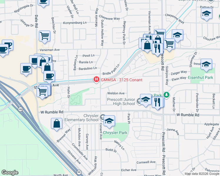 map of restaurants, bars, coffee shops, grocery stores, and more near 3101 Julia Way in Modesto