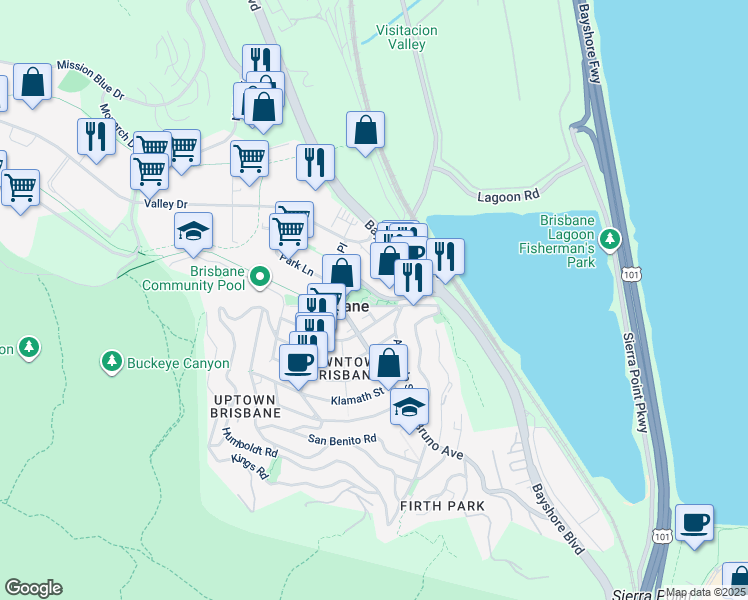 map of restaurants, bars, coffee shops, grocery stores, and more near 11 Old County Road in Brisbane