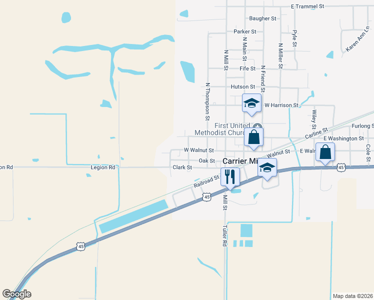 map of restaurants, bars, coffee shops, grocery stores, and more near 312-404 Oak St in Carrier Mills