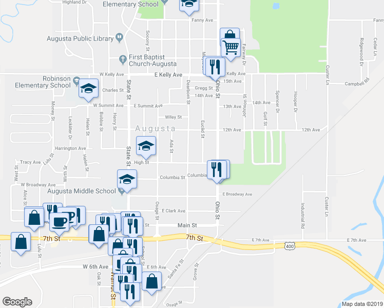 map of restaurants, bars, coffee shops, grocery stores, and more near 1110 Dearborn Street in Augusta