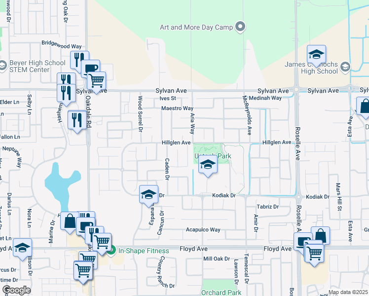 map of restaurants, bars, coffee shops, grocery stores, and more near 3221 Green Hill Lane in Modesto