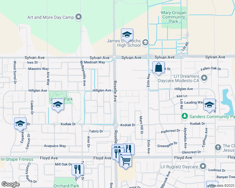 map of restaurants, bars, coffee shops, grocery stores, and more near 3224 Roselle Avenue in Modesto