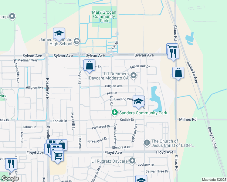 map of restaurants, bars, coffee shops, grocery stores, and more near 3501 Kee Lane in Modesto