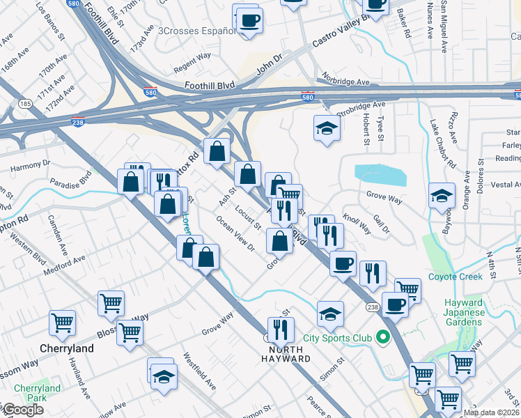 map of restaurants, bars, coffee shops, grocery stores, and more near 21297 Foothill Boulevard in Hayward