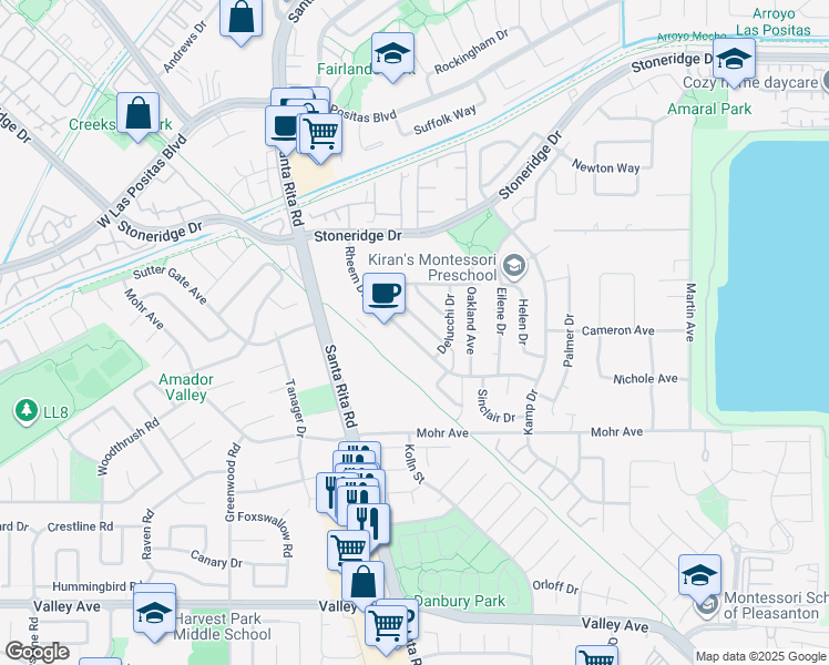 map of restaurants, bars, coffee shops, grocery stores, and more near 2126 Rheem Drive in Pleasanton