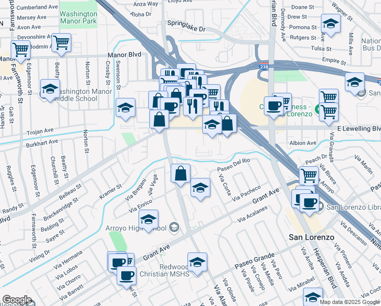 map of restaurants, bars, coffee shops, grocery stores, and more near 981 William Drive in San Lorenzo