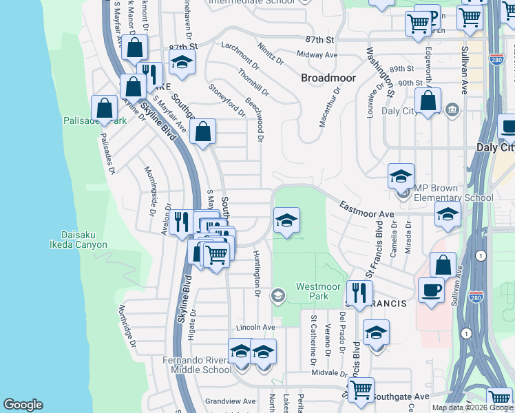 map of restaurants, bars, coffee shops, grocery stores, and more near 40 Baldwin Avenue in Daly City