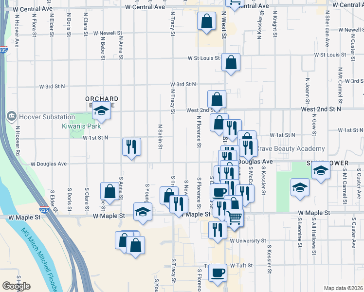 map of restaurants, bars, coffee shops, grocery stores, and more near 120 North Tracy Street in Wichita