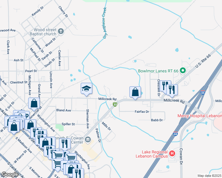 map of restaurants, bars, coffee shops, grocery stores, and more near 800 Millcreek Road in Lebanon